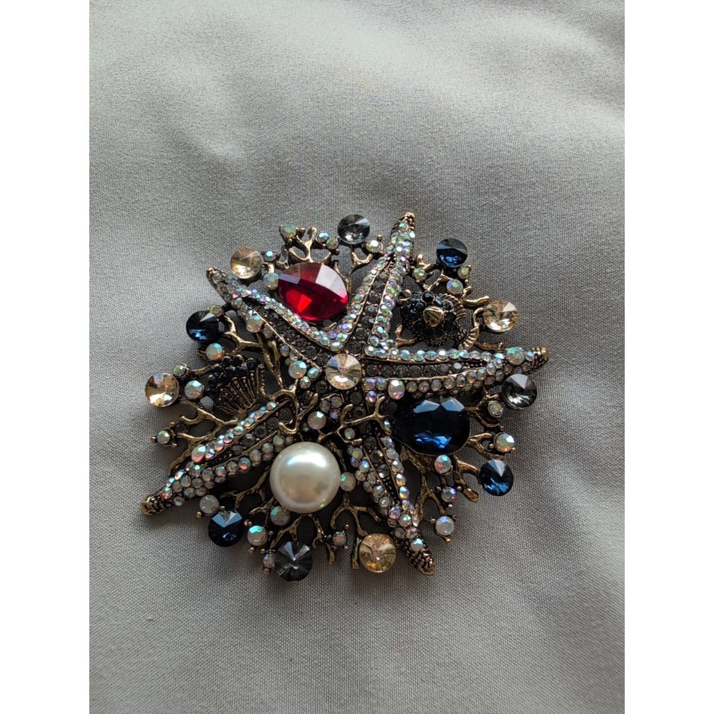 Party Jewelry Vintage Starfish Pearl Pendant Woman Brooch Pin Rhinestone Crystal